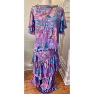 Vtg 80s Judith Ann Creations Butterfly 100% Silk Sequin‎ Skirt & Blouse Size L